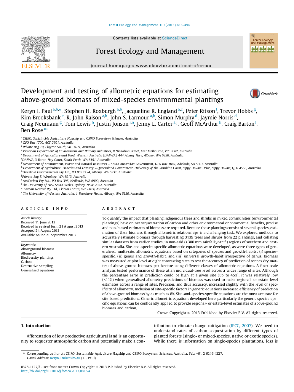 Development and testing of allometric equations for estimating above-ground biomass of mixed-species environmental plantings