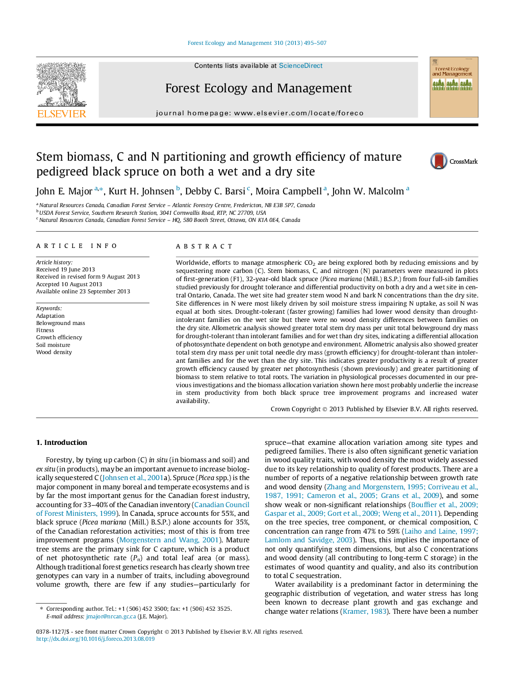 Stem biomass, C and N partitioning and growth efficiency of mature pedigreed black spruce on both a wet and a dry site