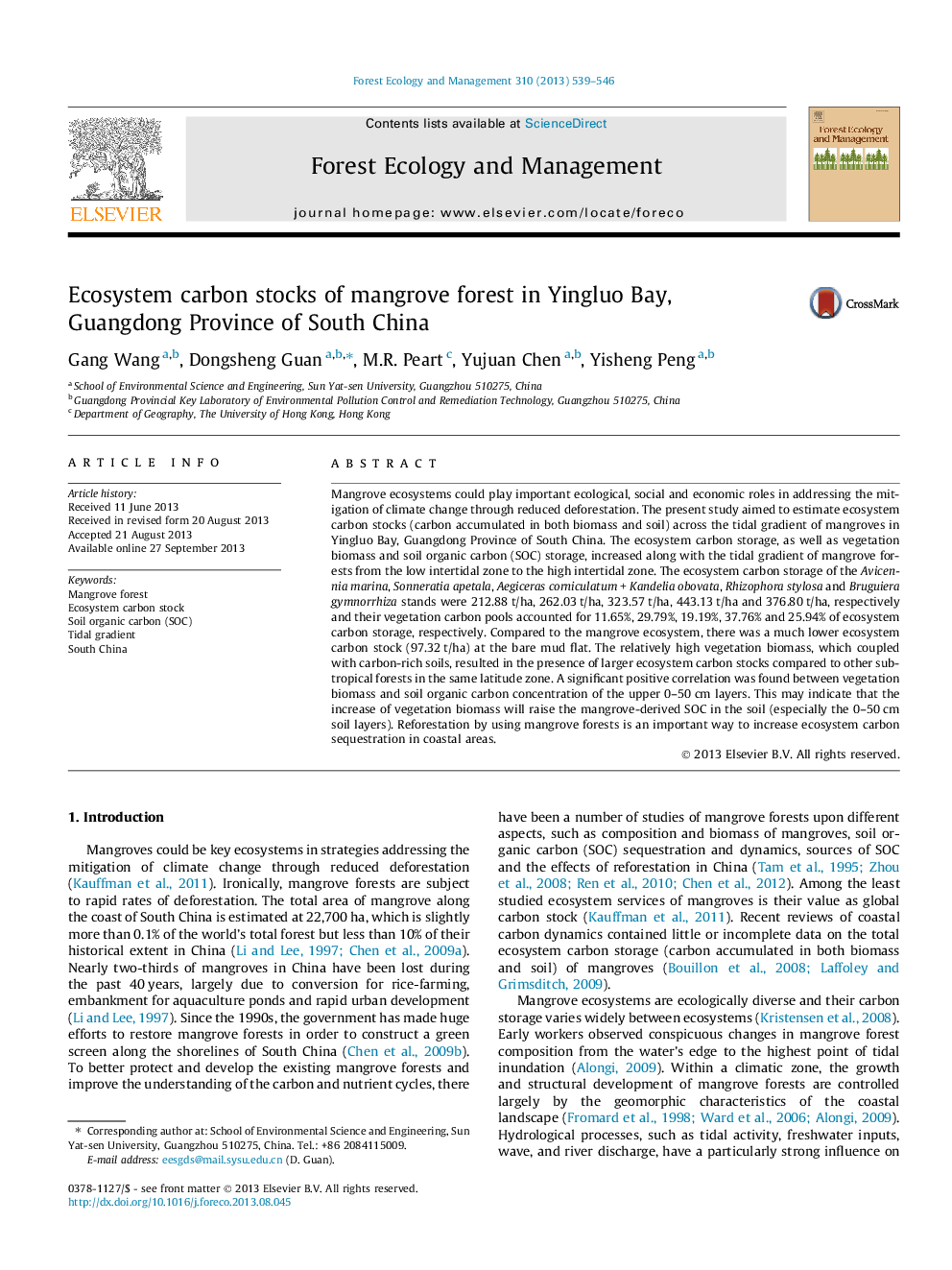 Ecosystem carbon stocks of mangrove forest in Yingluo Bay, Guangdong Province of South China