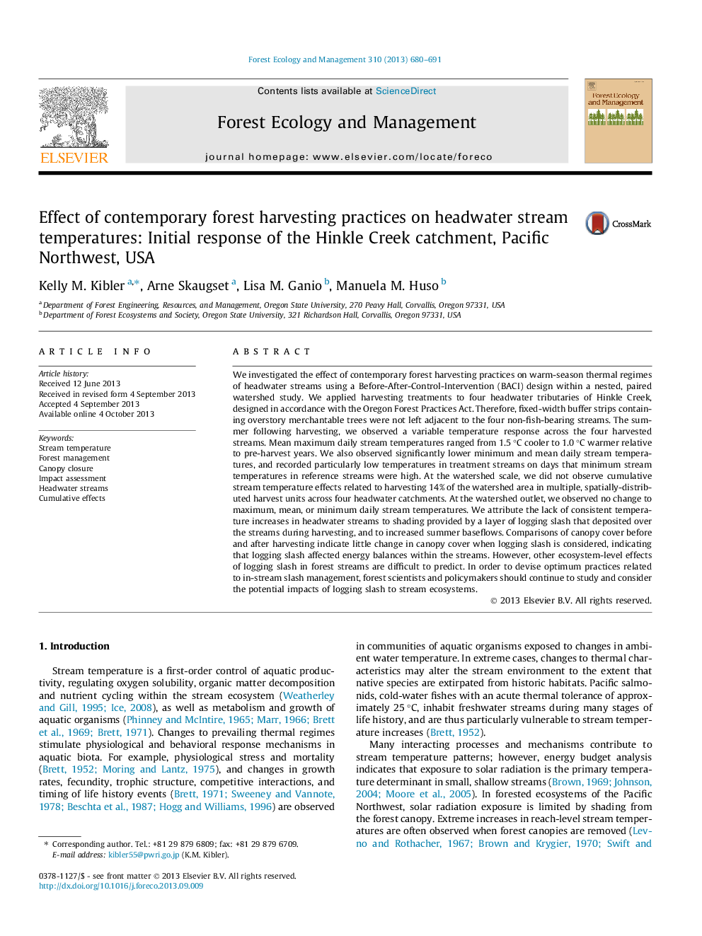 Effect of contemporary forest harvesting practices on headwater stream temperatures: Initial response of the Hinkle Creek catchment, Pacific Northwest, USA