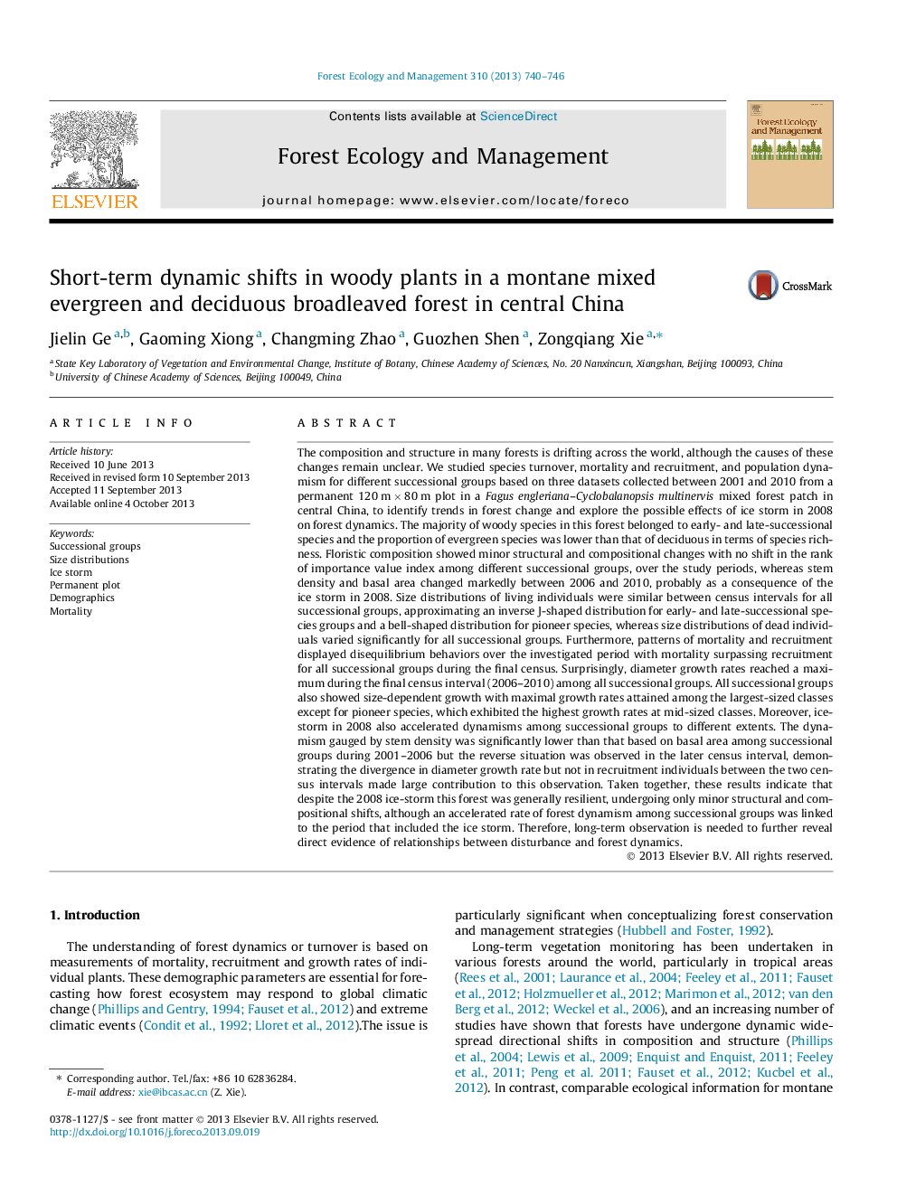 Short-term dynamic shifts in woody plants in a montane mixed evergreen and deciduous broadleaved forest in central China