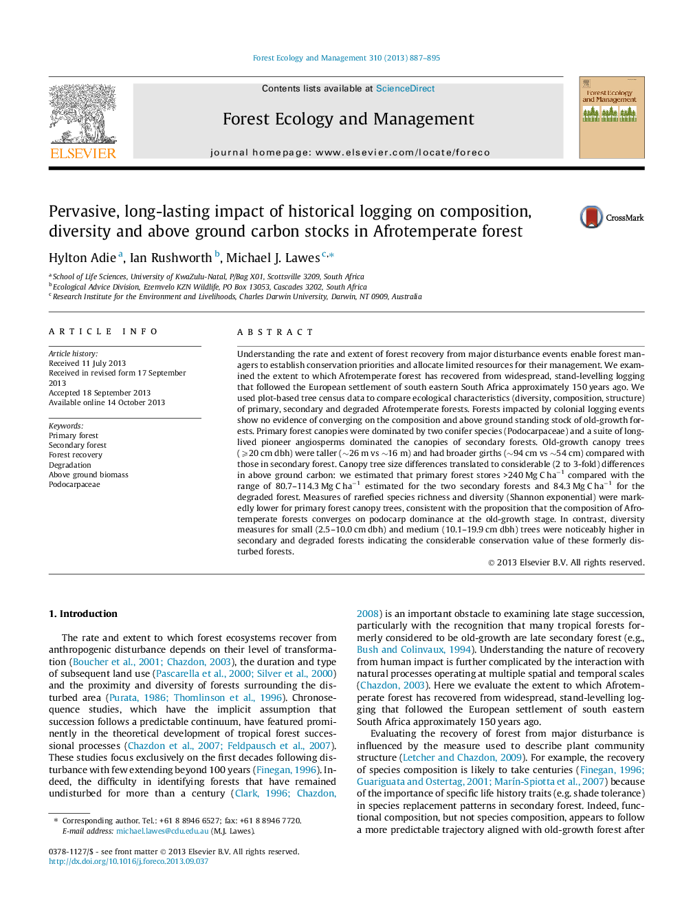 Pervasive, long-lasting impact of historical logging on composition, diversity and above ground carbon stocks in Afrotemperate forest