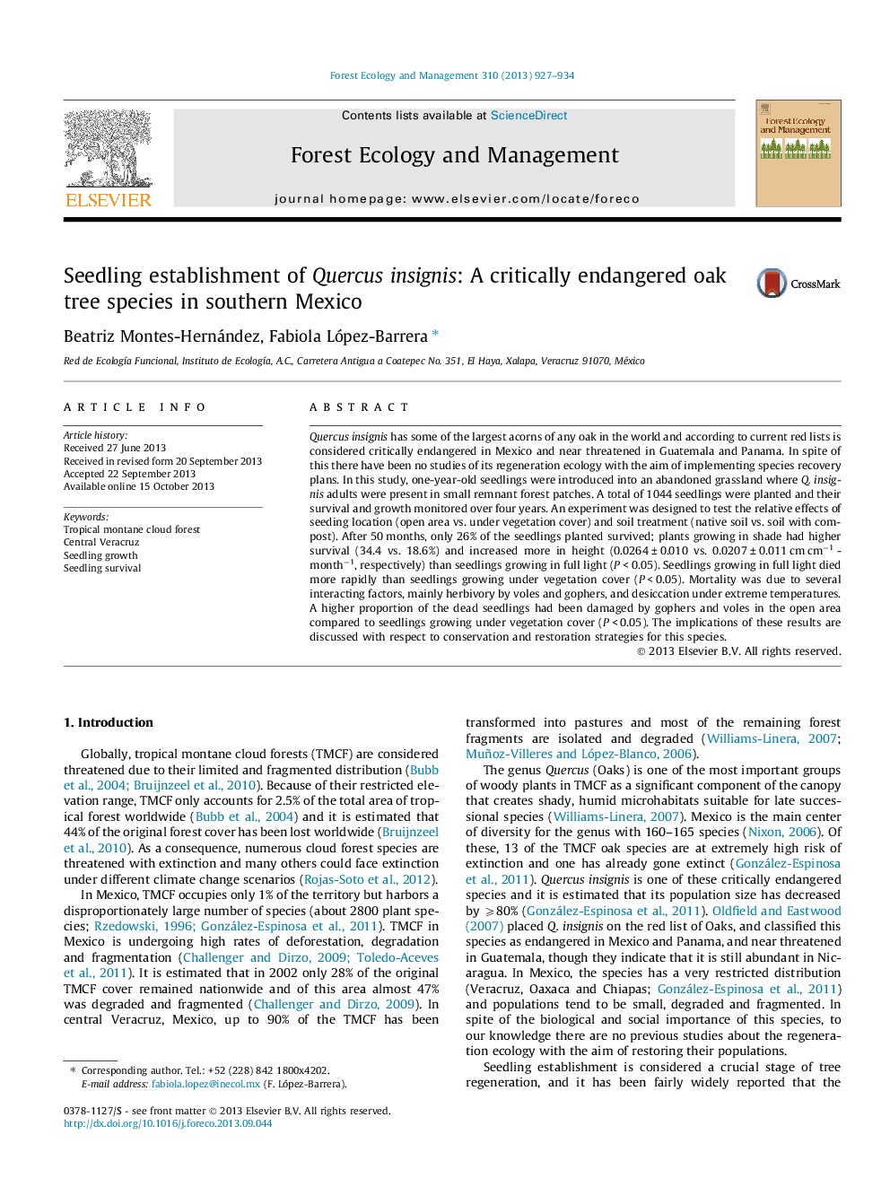 Seedling establishment of Quercus insignis: A critically endangered oak tree species in southern Mexico