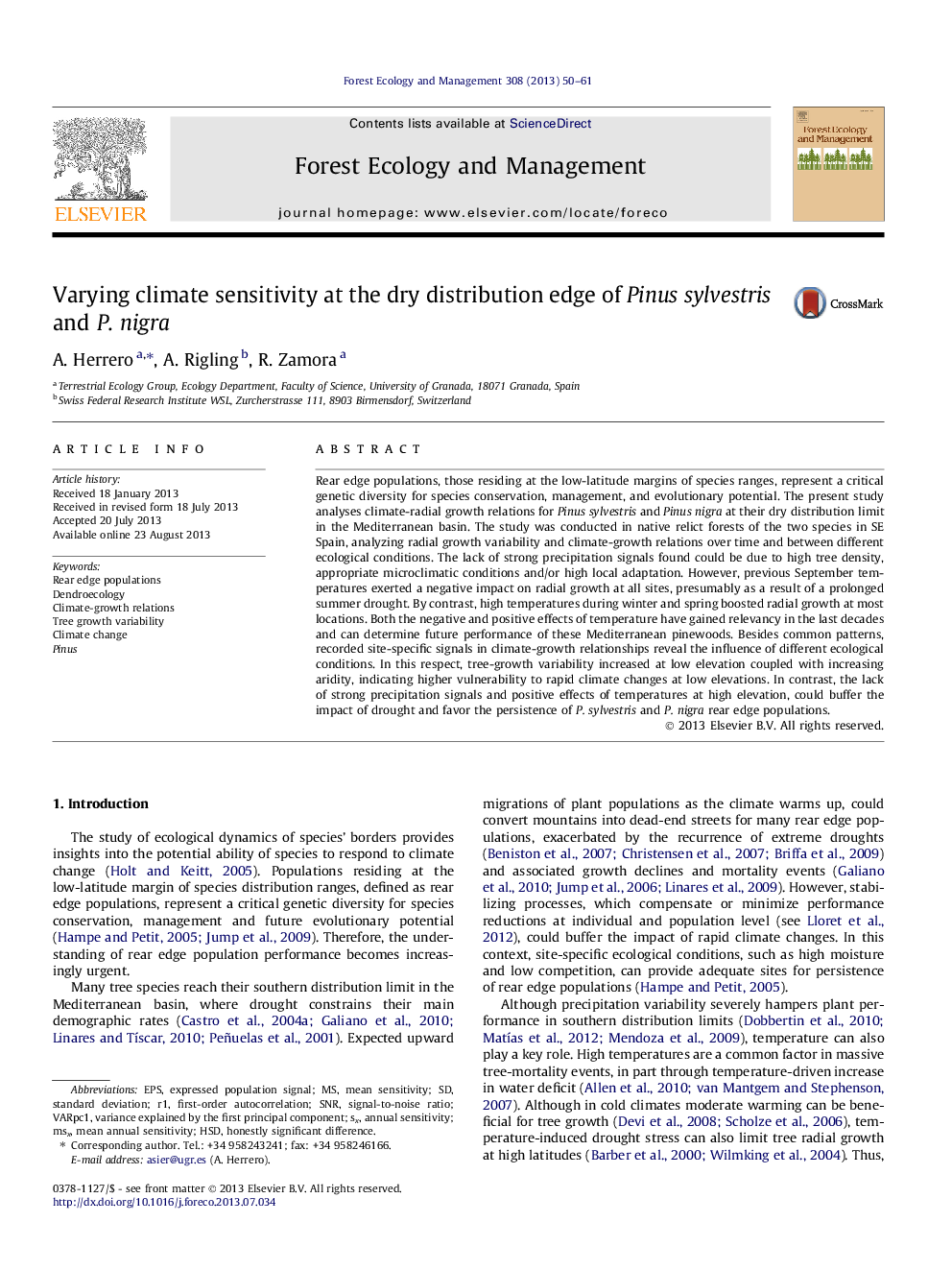 Varying climate sensitivity at the dry distribution edge of Pinus sylvestris and P. nigra