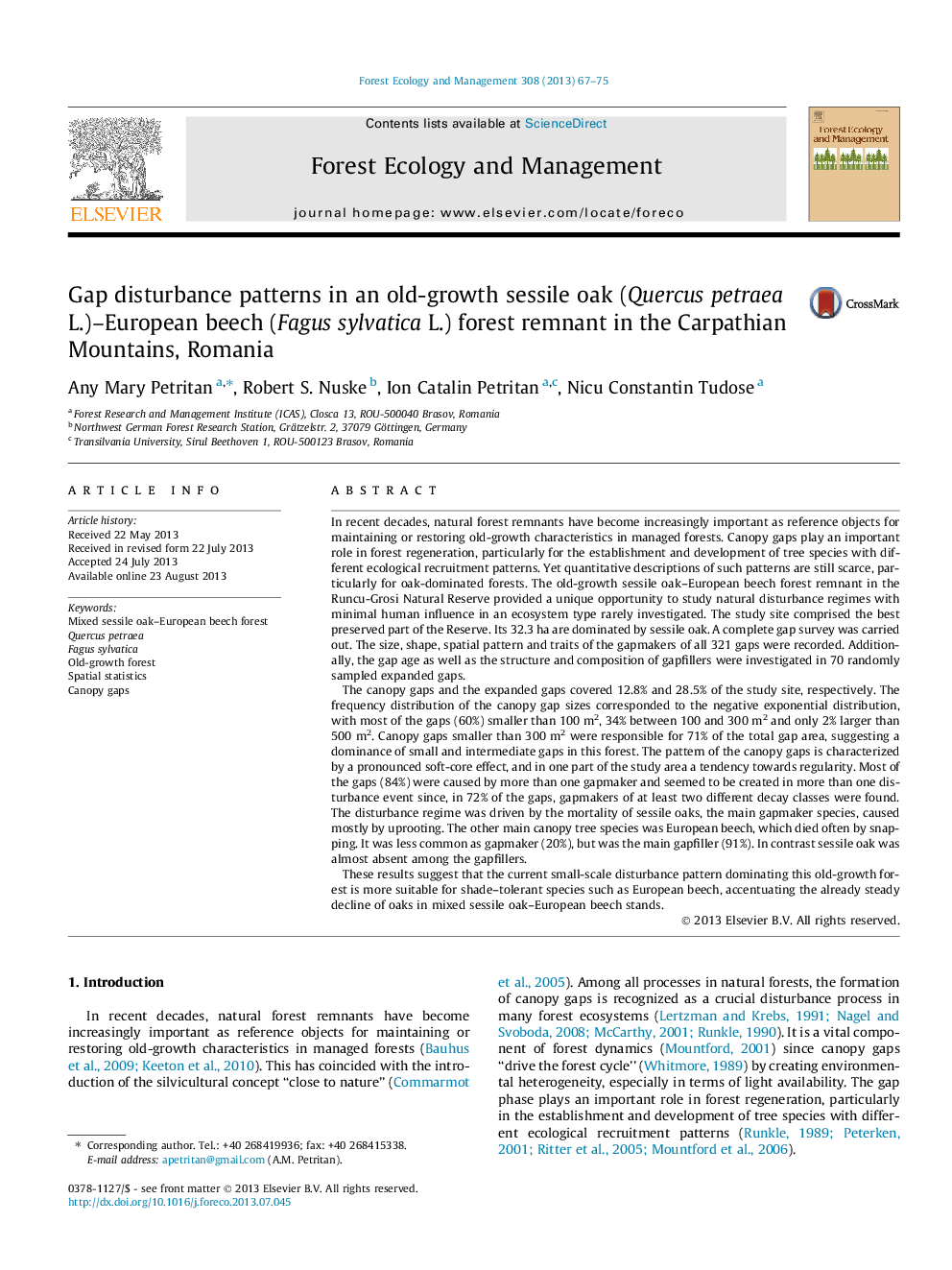 Gap disturbance patterns in an old-growth sessile oak (Quercus petraea L.)-European beech (Fagus sylvatica L.) forest remnant in the Carpathian Mountains, Romania