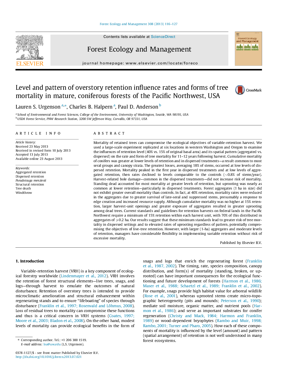 Level and pattern of overstory retention influence rates and forms of tree mortality in mature, coniferous forests of the Pacific Northwest, USA