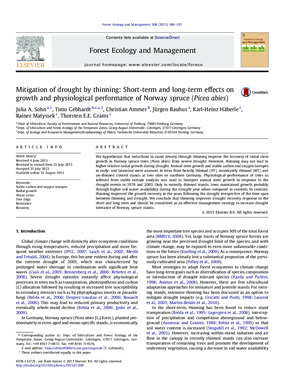 Mitigation of drought by thinning: Short-term and long-term effects on growth and physiological performance of Norway spruce (Picea abies)