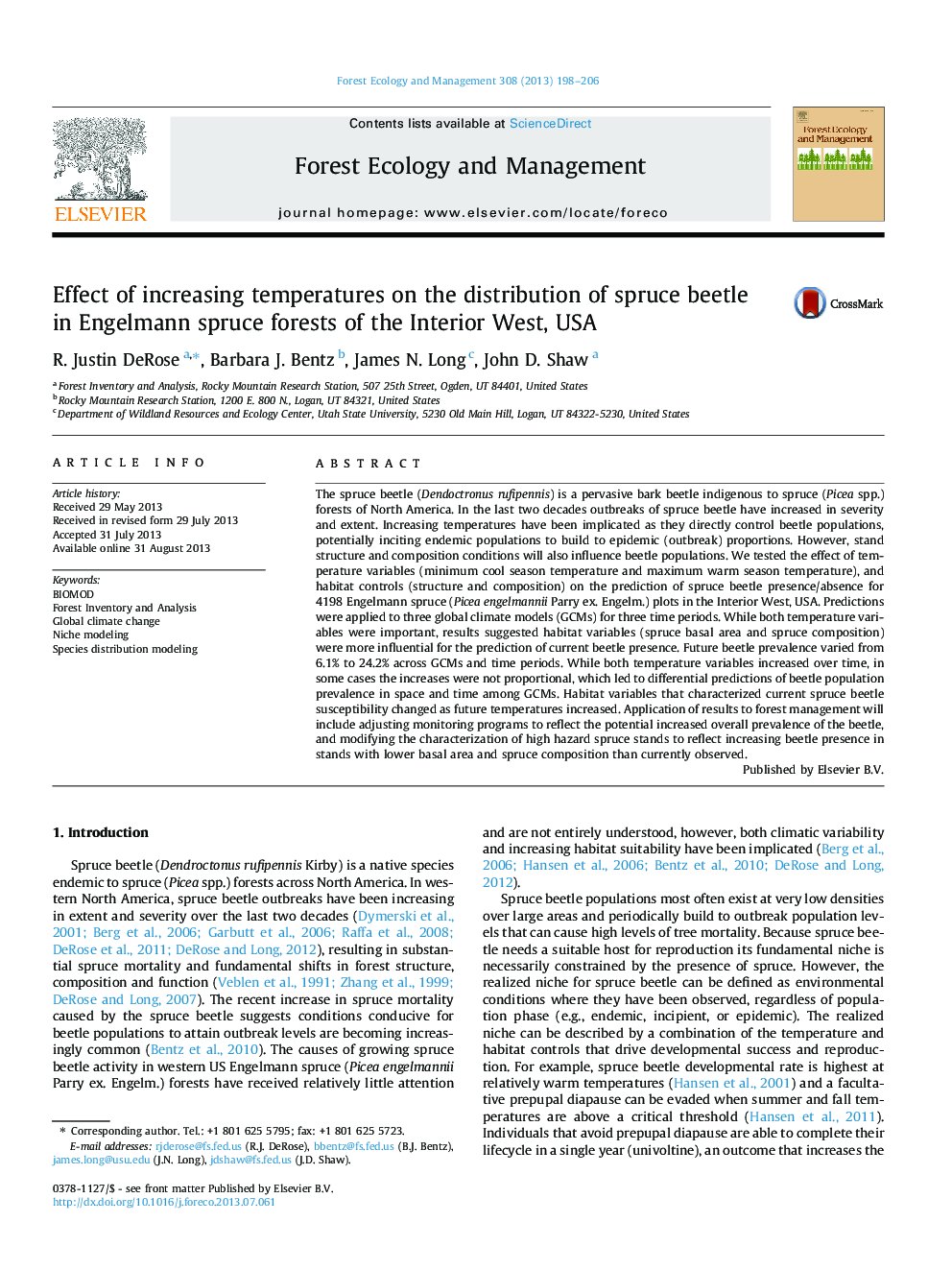 Effect of increasing temperatures on the distribution of spruce beetle in Engelmann spruce forests of the Interior West, USA