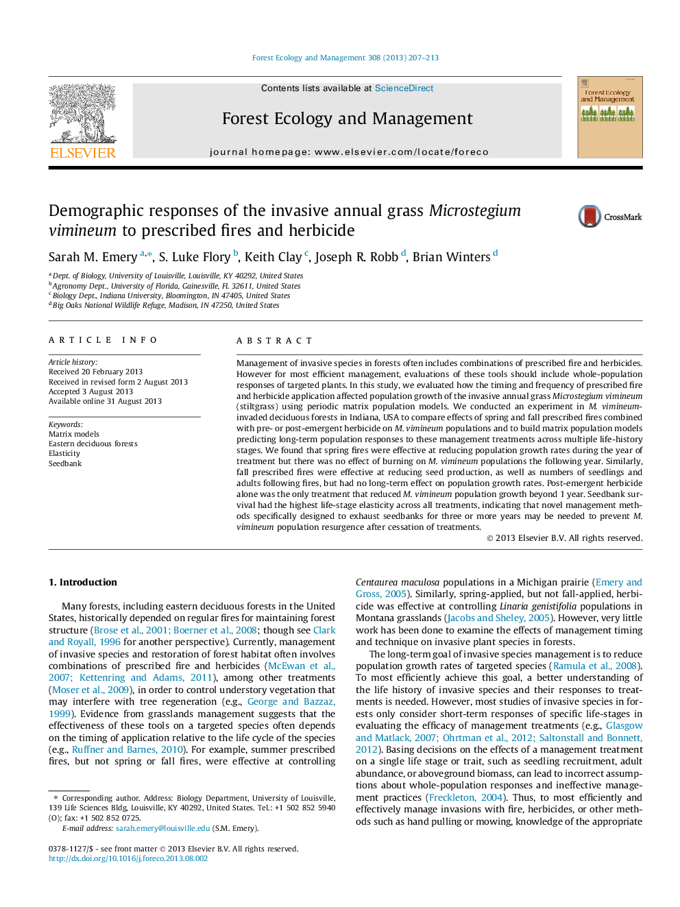 Demographic responses of the invasive annual grass Microstegium vimineum to prescribed fires and herbicide