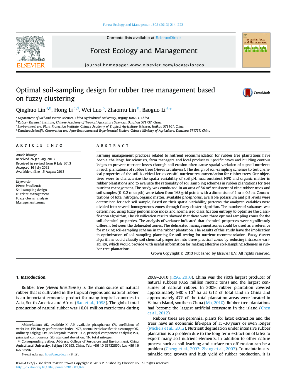 Optimal soil-sampling design for rubber tree management based on fuzzy clustering