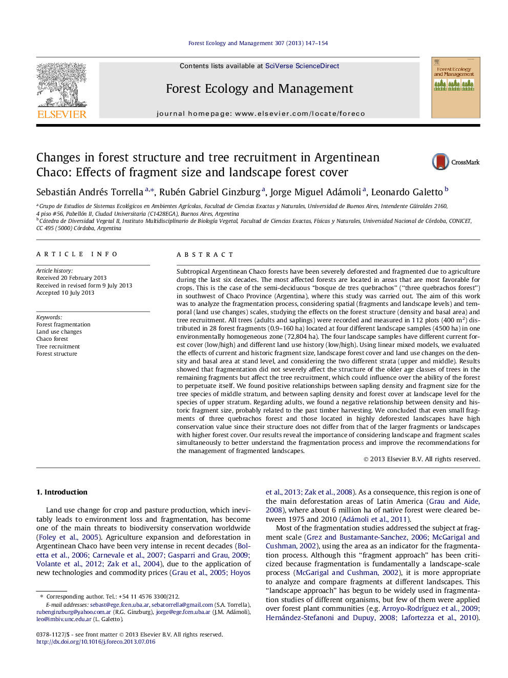 Changes in forest structure and tree recruitment in Argentinean Chaco: Effects of fragment size and landscape forest cover