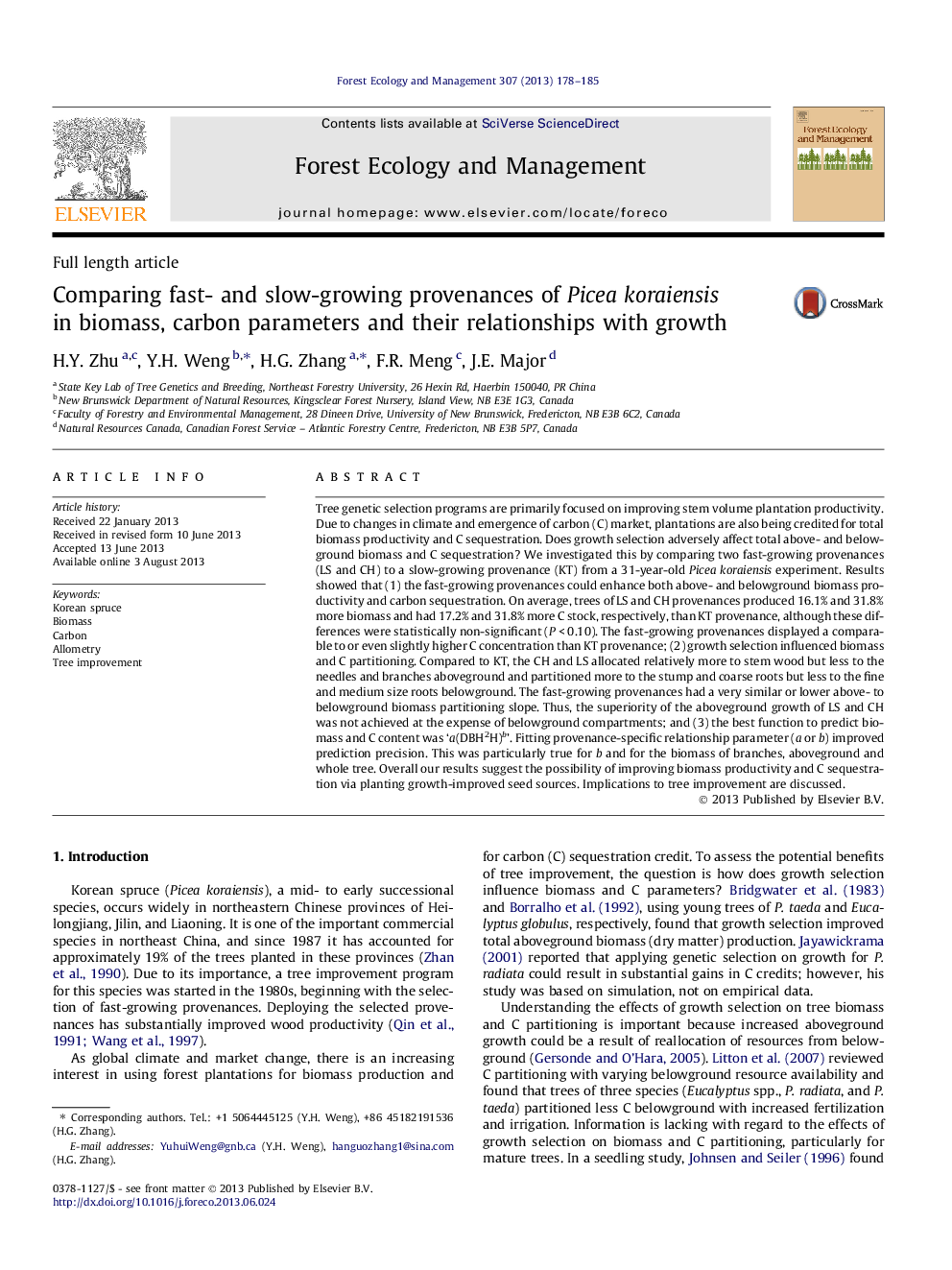 Comparing fast- and slow-growing provenances of Picea koraiensis in biomass, carbon parameters and their relationships with growth