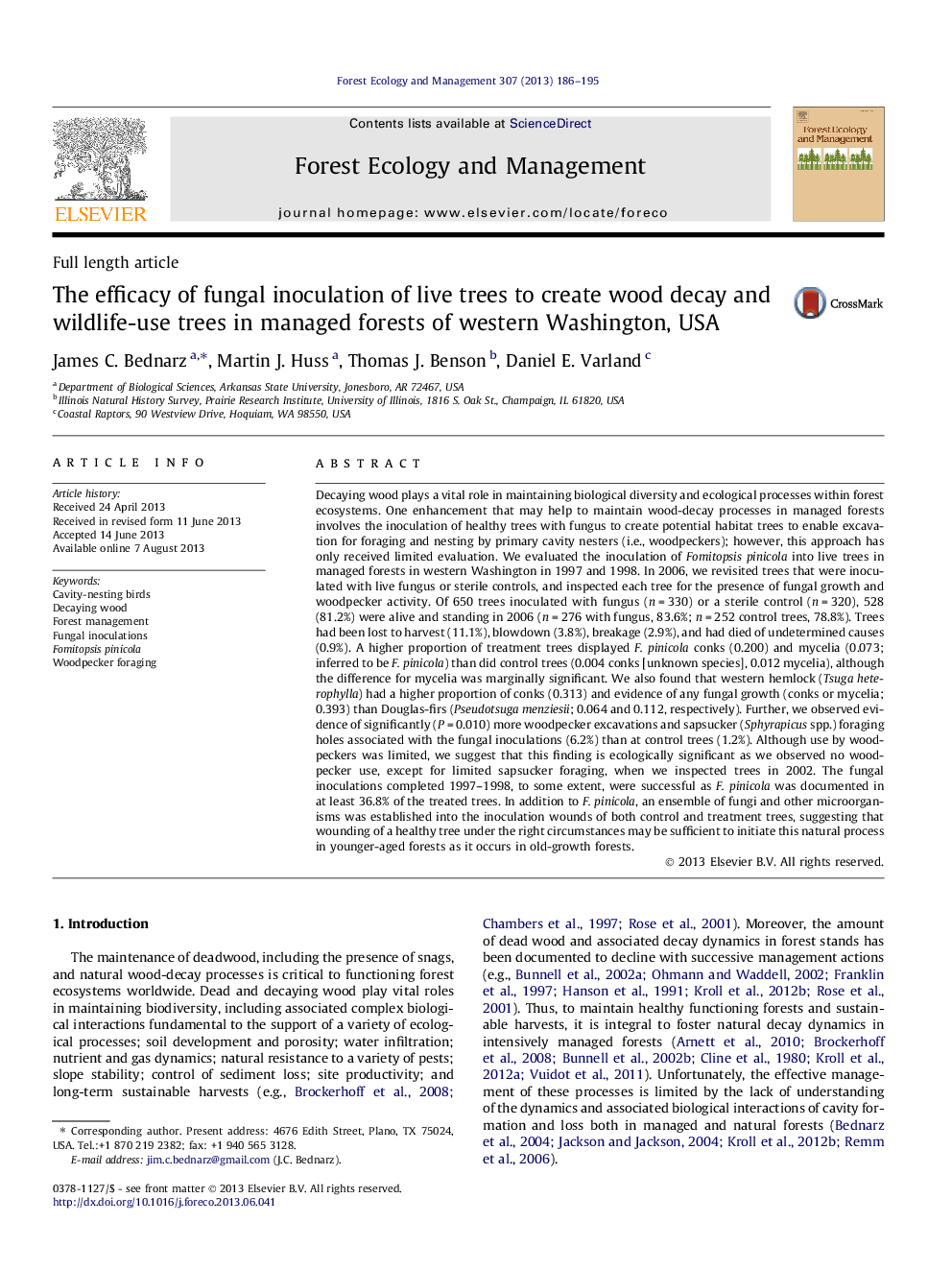 The efficacy of fungal inoculation of live trees to create wood decay and wildlife-use trees in managed forests of western Washington, USA