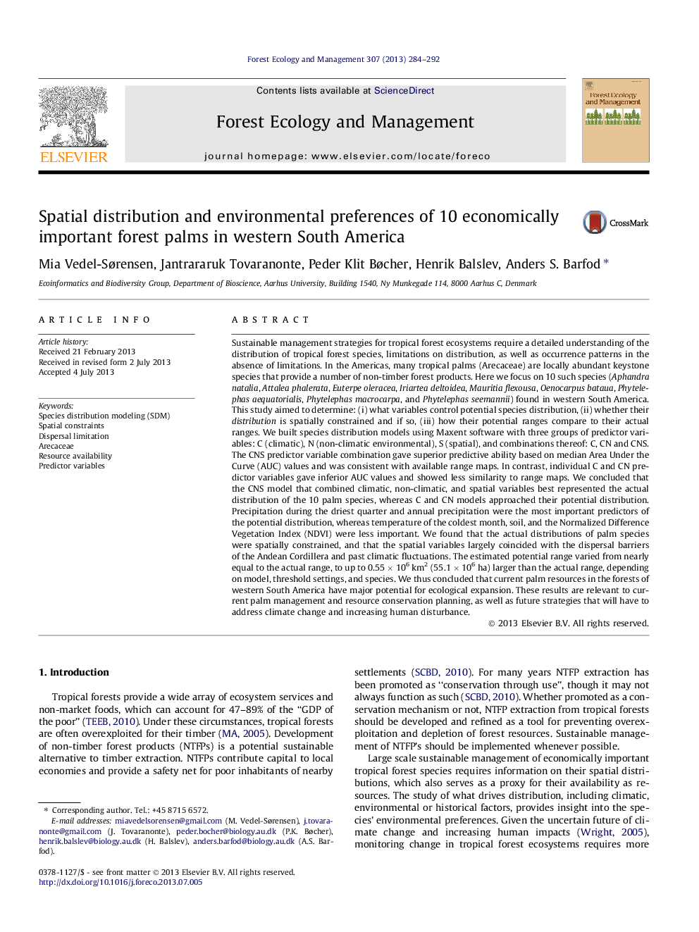 Spatial distribution and environmental preferences of 10 economically important forest palms in western South America