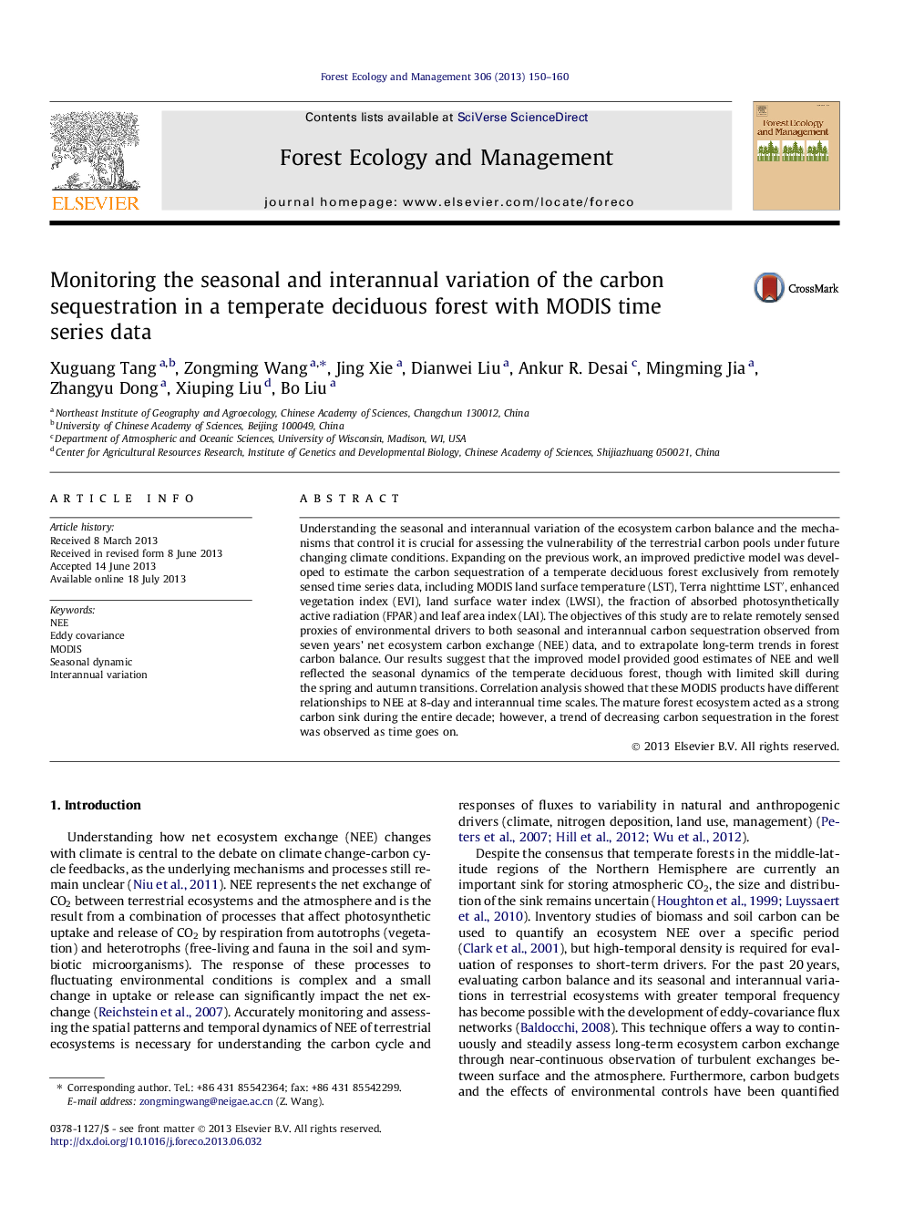 Monitoring the seasonal and interannual variation of the carbon sequestration in a temperate deciduous forest with MODIS time series data