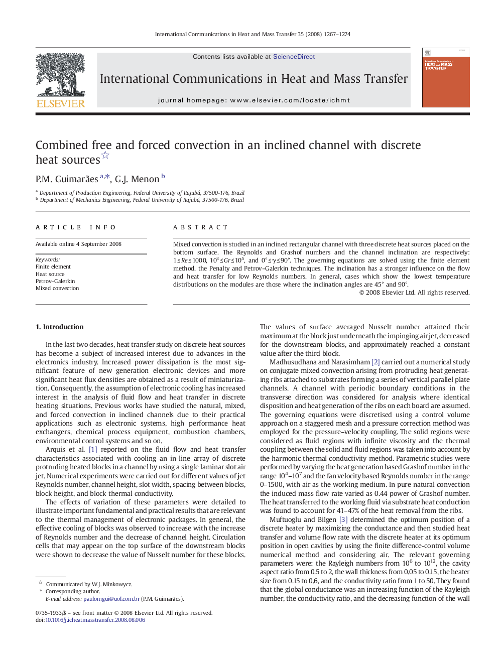 Combined free and forced convection in an inclined channel with discrete heat sources