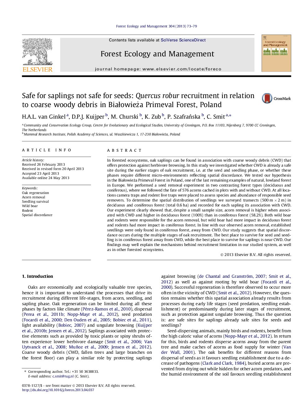 Safe for saplings not safe for seeds: Quercus robur recruitment in relation to coarse woody debris in BiaÅowieÅ¼a Primeval Forest, Poland