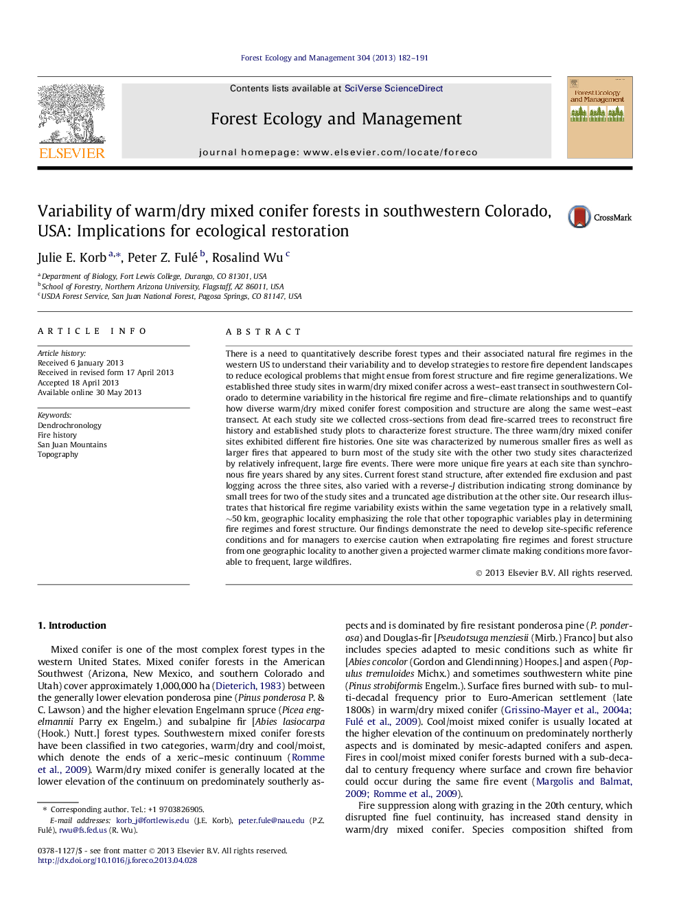 Variability of warm/dry mixed conifer forests in southwestern Colorado, USA: Implications for ecological restoration