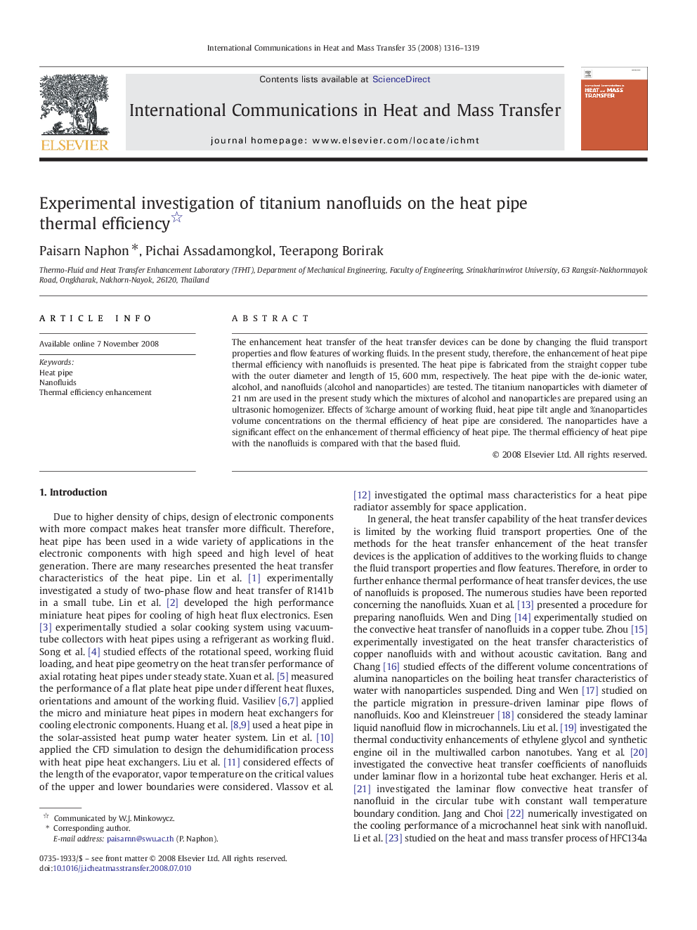 Experimental investigation of titanium nanofluids on the heat pipe thermal efficiency 