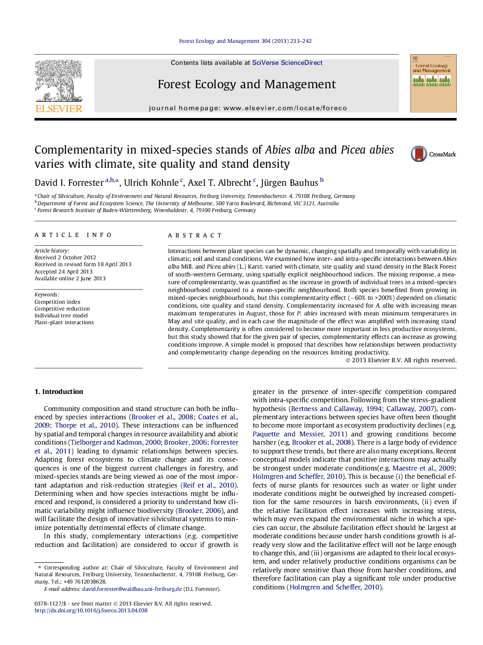 Complementarity in mixed-species stands of Abies alba and Picea abies varies with climate, site quality and stand density