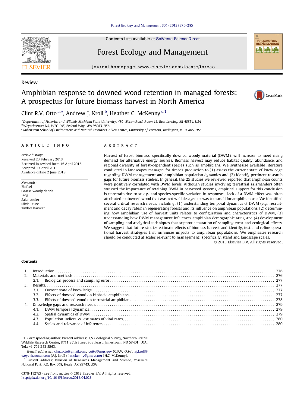 Amphibian response to downed wood retention in managed forests: A prospectus for future biomass harvest in North America