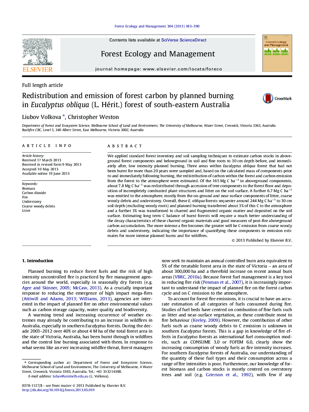 Redistribution and emission of forest carbon by planned burning in Eucalyptus obliqua (L. Hérit.) forest of south-eastern Australia