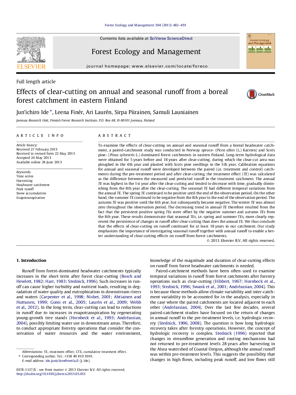 Effects of clear-cutting on annual and seasonal runoff from a boreal forest catchment in eastern Finland