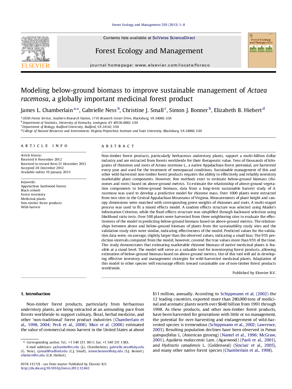 Modeling below-ground biomass to improve sustainable management of Actaea racemosa, a globally important medicinal forest product