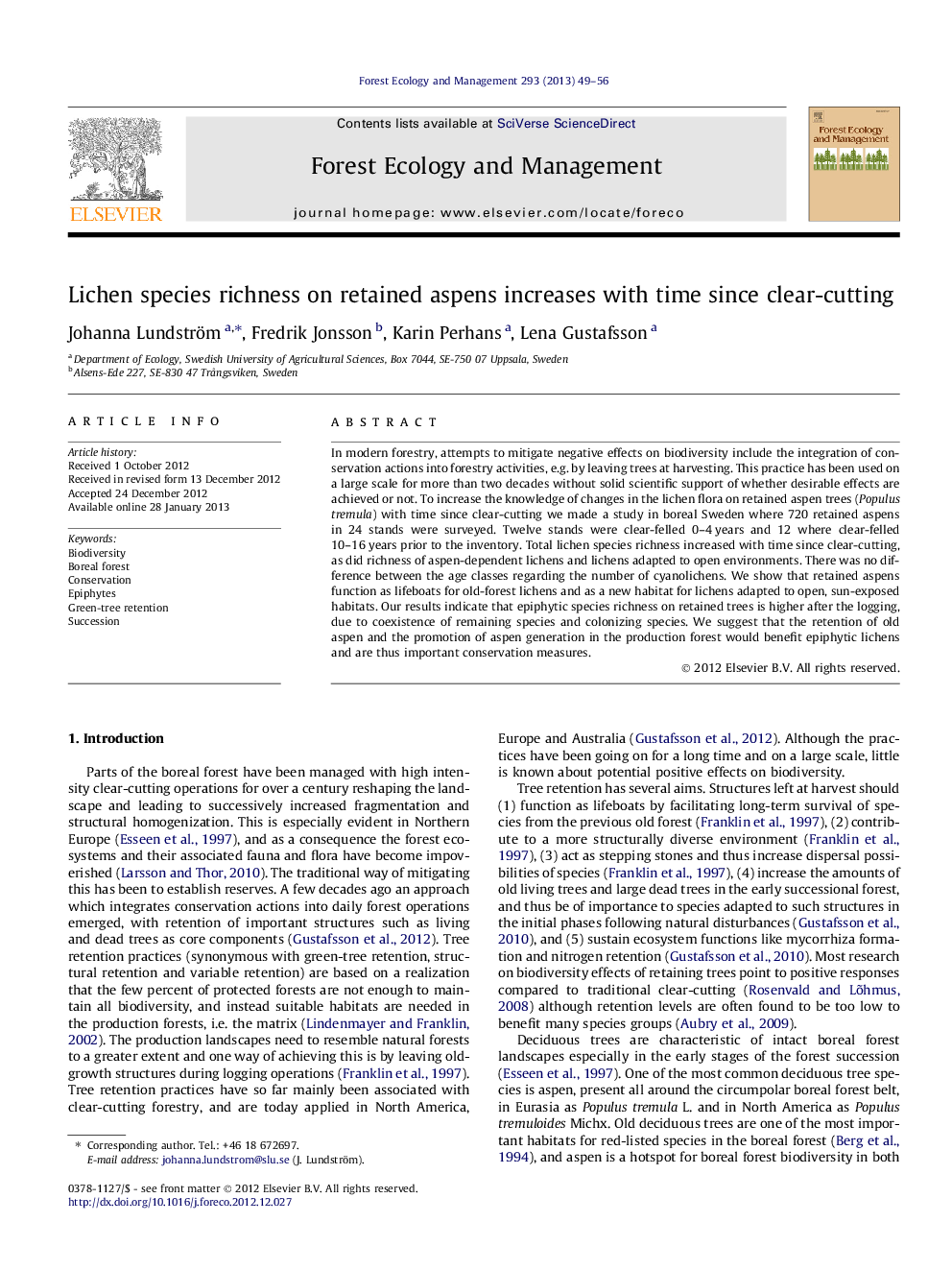 Lichen species richness on retained aspens increases with time since clear-cutting