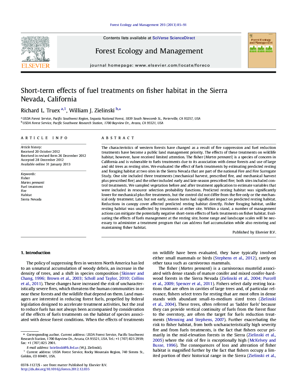 Short-term effects of fuel treatments on fisher habitat in the Sierra Nevada, California