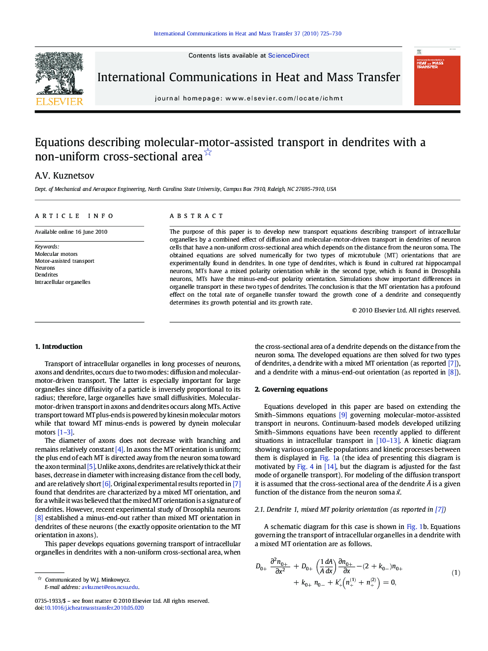 Equations describing molecular-motor-assisted transport in dendrites with a non-uniform cross-sectional area 