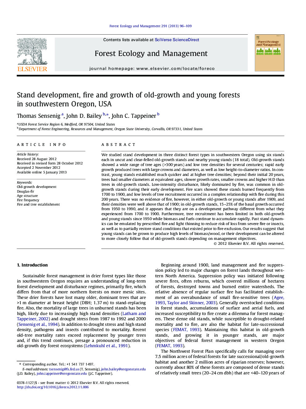 Stand development, fire and growth of old-growth and young forests in southwestern Oregon, USA