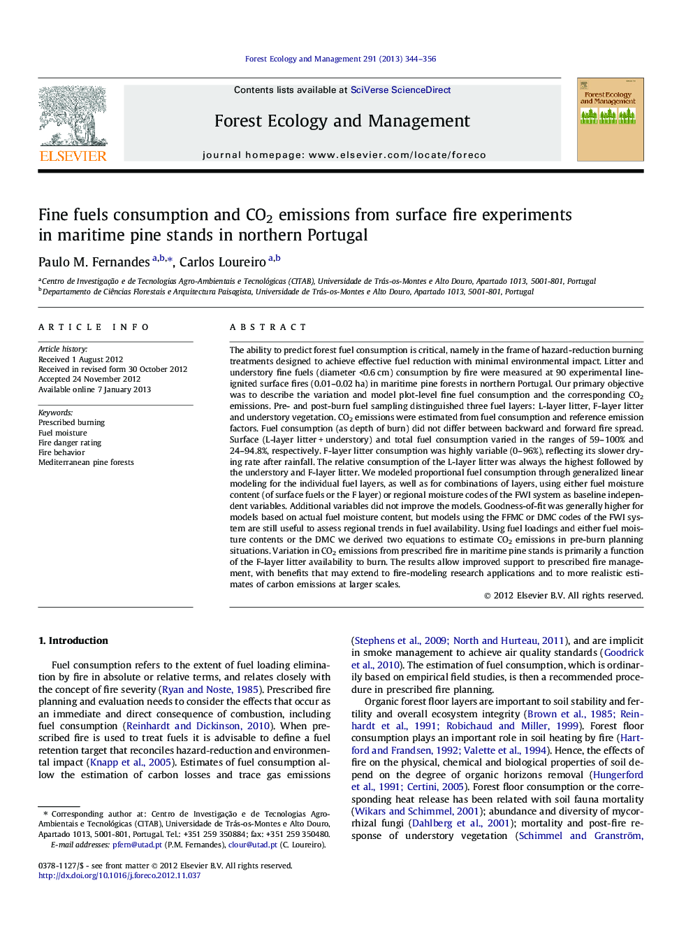 Fine fuels consumption and CO2 emissions from surface fire experiments in maritime pine stands in northern Portugal