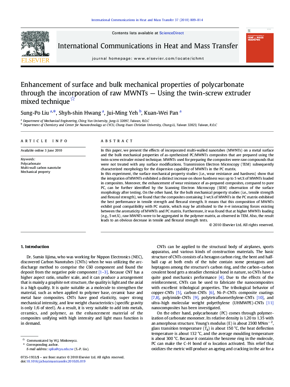 Enhancement of surface and bulk mechanical properties of polycarbonate through the incorporation of raw MWNTs — Using the twin-screw extruder mixed technique 