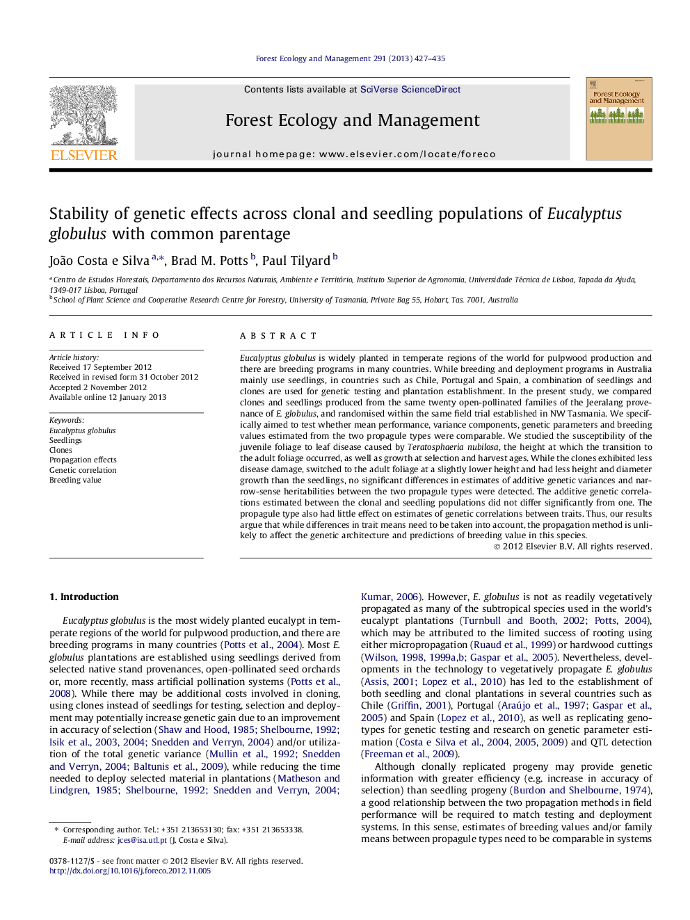 Stability of genetic effects across clonal and seedling populations of Eucalyptus globulus with common parentage