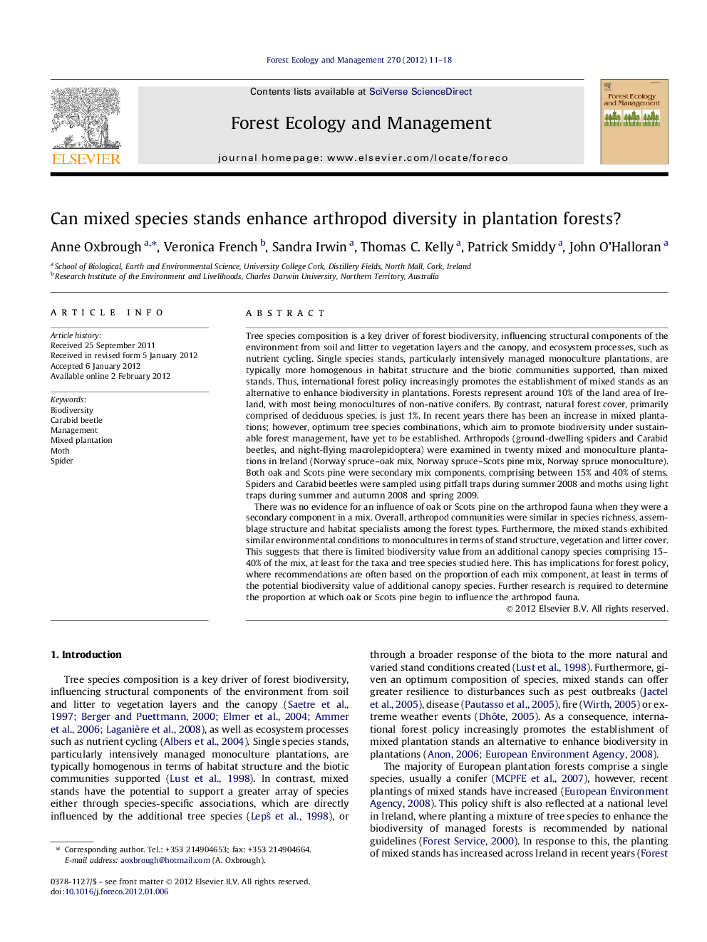 Can mixed species stands enhance arthropod diversity in plantation forests?