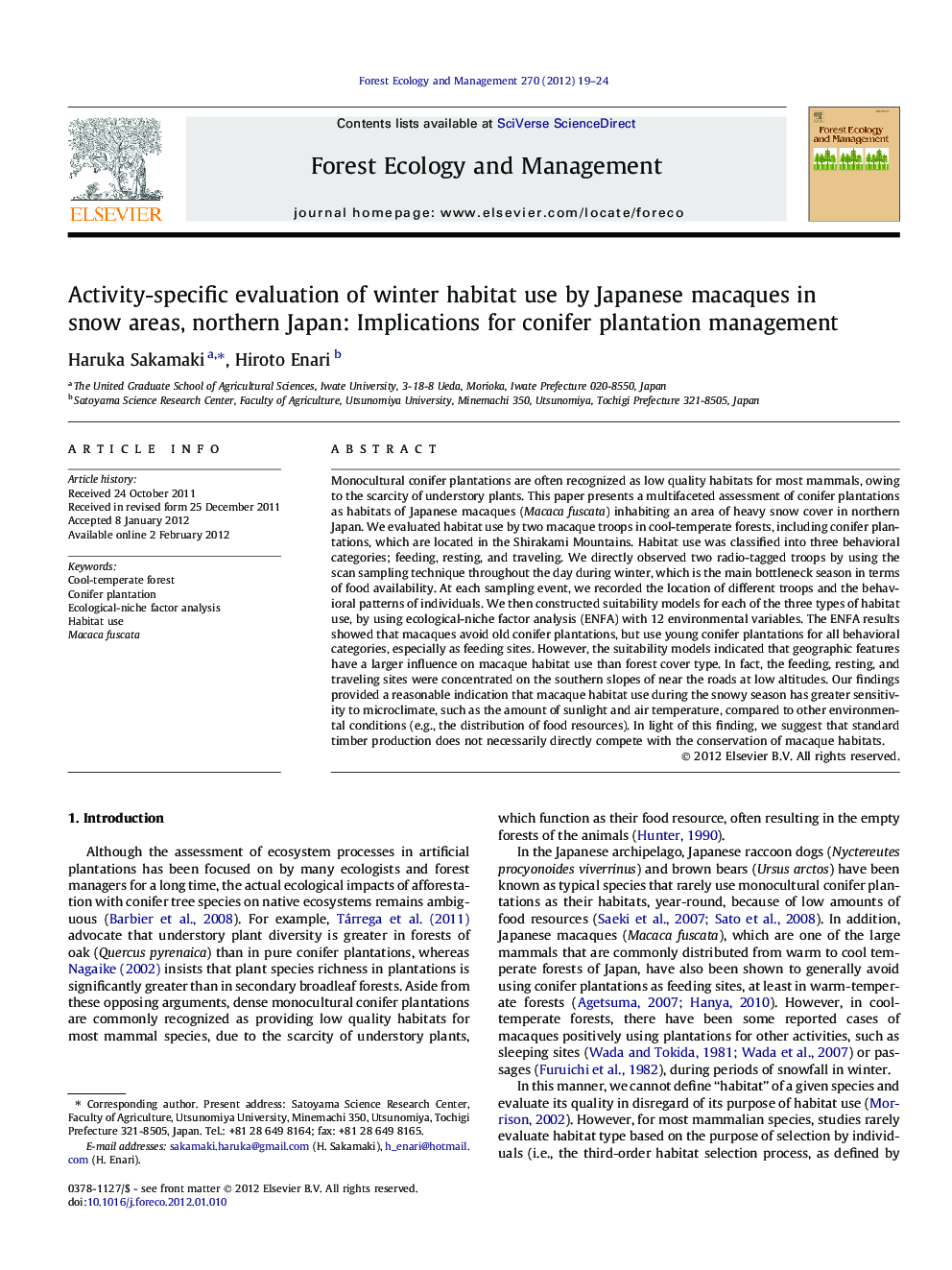 Activity-specific evaluation of winter habitat use by Japanese macaques in snow areas, northern Japan: Implications for conifer plantation management