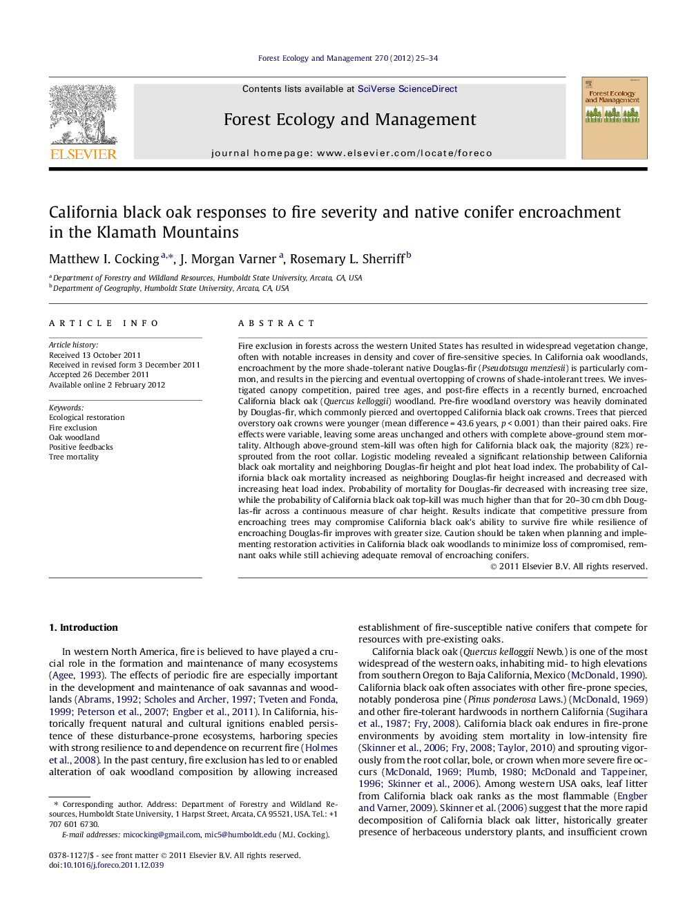 California black oak responses to fire severity and native conifer encroachment in the Klamath Mountains