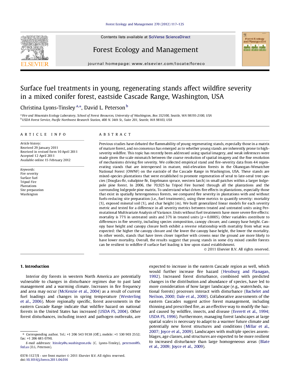 Surface fuel treatments in young, regenerating stands affect wildfire severity in a mixed conifer forest, eastside Cascade Range, Washington, USA