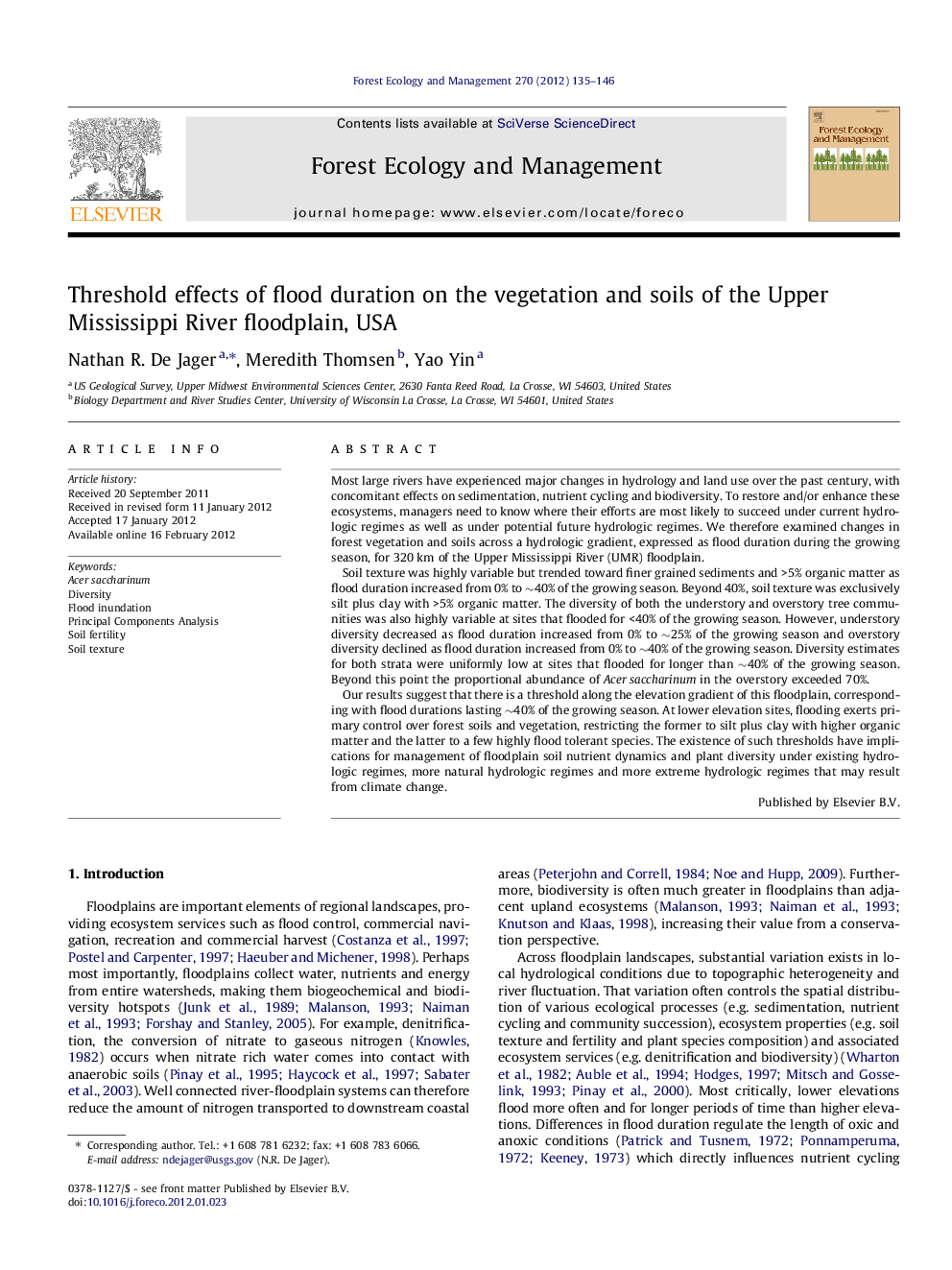 Threshold effects of flood duration on the vegetation and soils of the Upper Mississippi River floodplain, USA