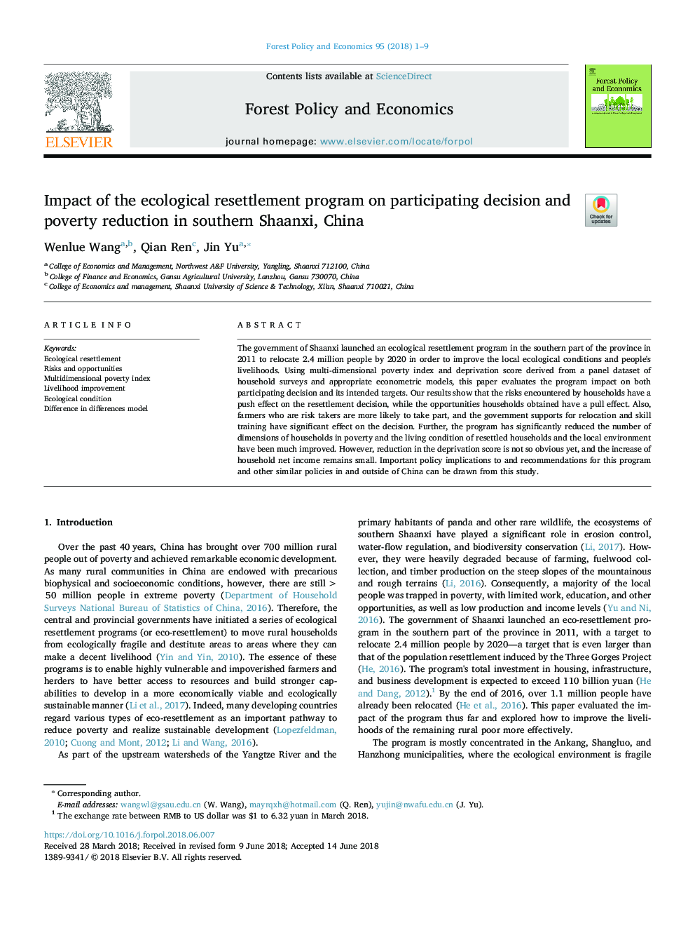 Impact of the ecological resettlement program on participating decision and poverty reduction in southern Shaanxi, China