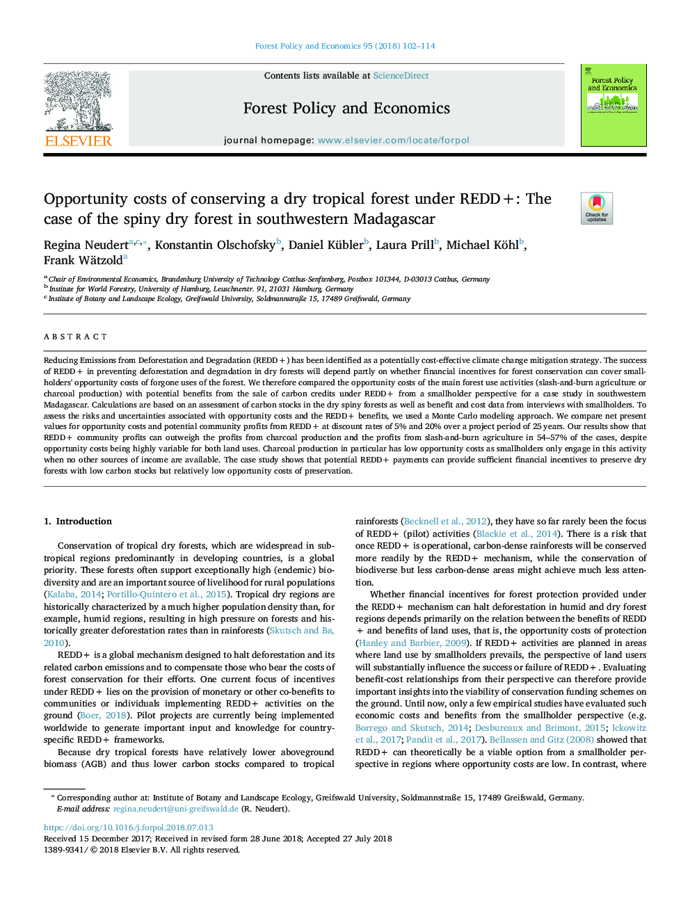 Opportunity costs of conserving a dry tropical forest under REDD+: The case of the spiny dry forest in southwestern Madagascar