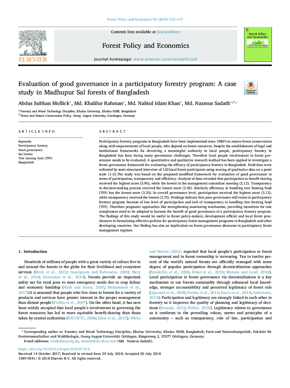 Evaluation of good governance in a participatory forestry program: A case study in Madhupur Sal forests of Bangladesh