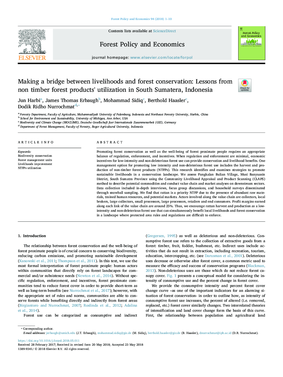 Making a bridge between livelihoods and forest conservation: Lessons from non timber forest products' utilization in South Sumatera, Indonesia