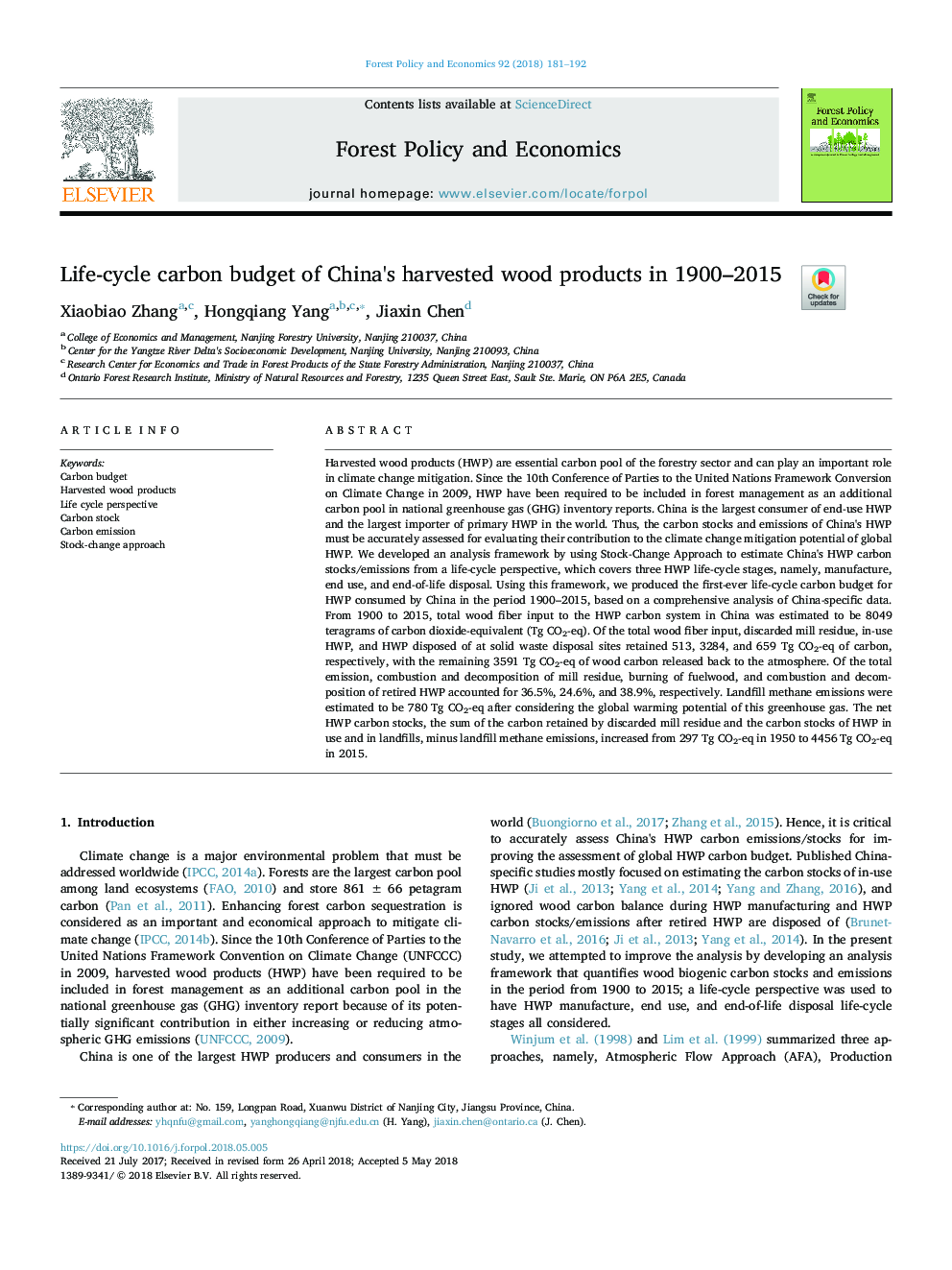 Life-cycle carbon budget of China's harvested wood products in 1900-2015