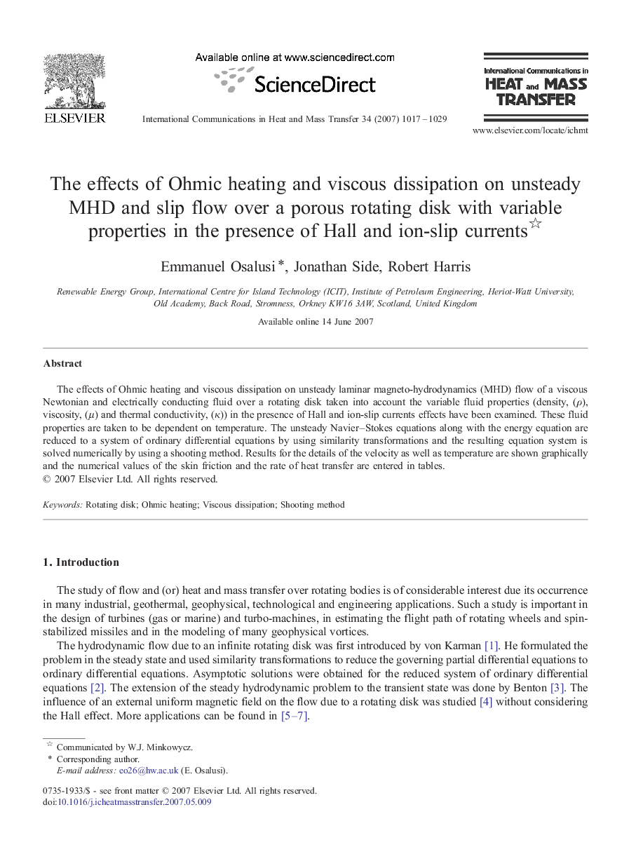 The effects of Ohmic heating and viscous dissipation on unsteady MHD and slip flow over a porous rotating disk with variable properties in the presence of Hall and ion-slip currents 