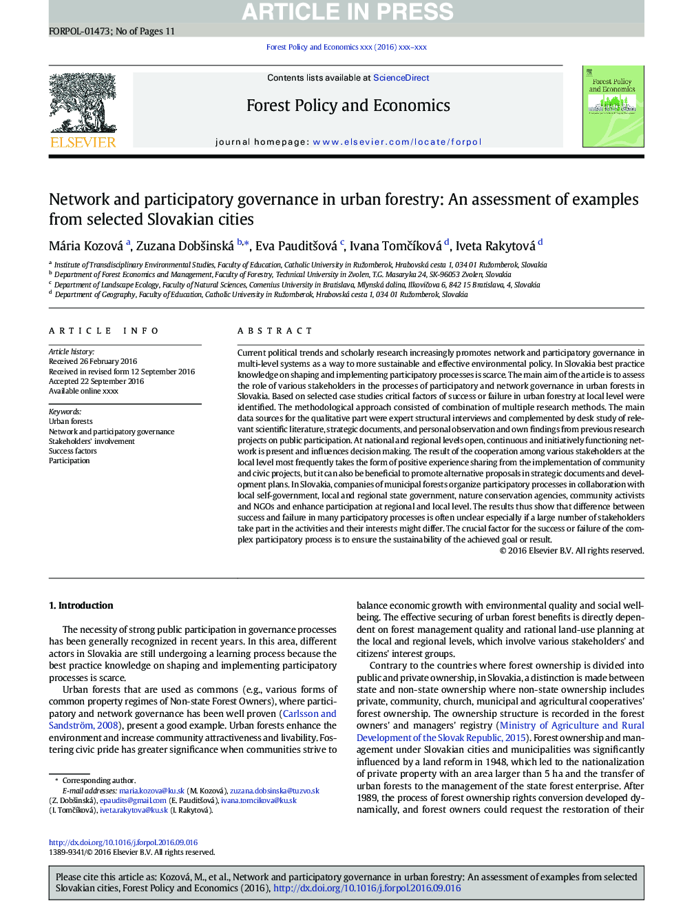 Network and participatory governance in urban forestry: An assessment of examples from selected Slovakian cities