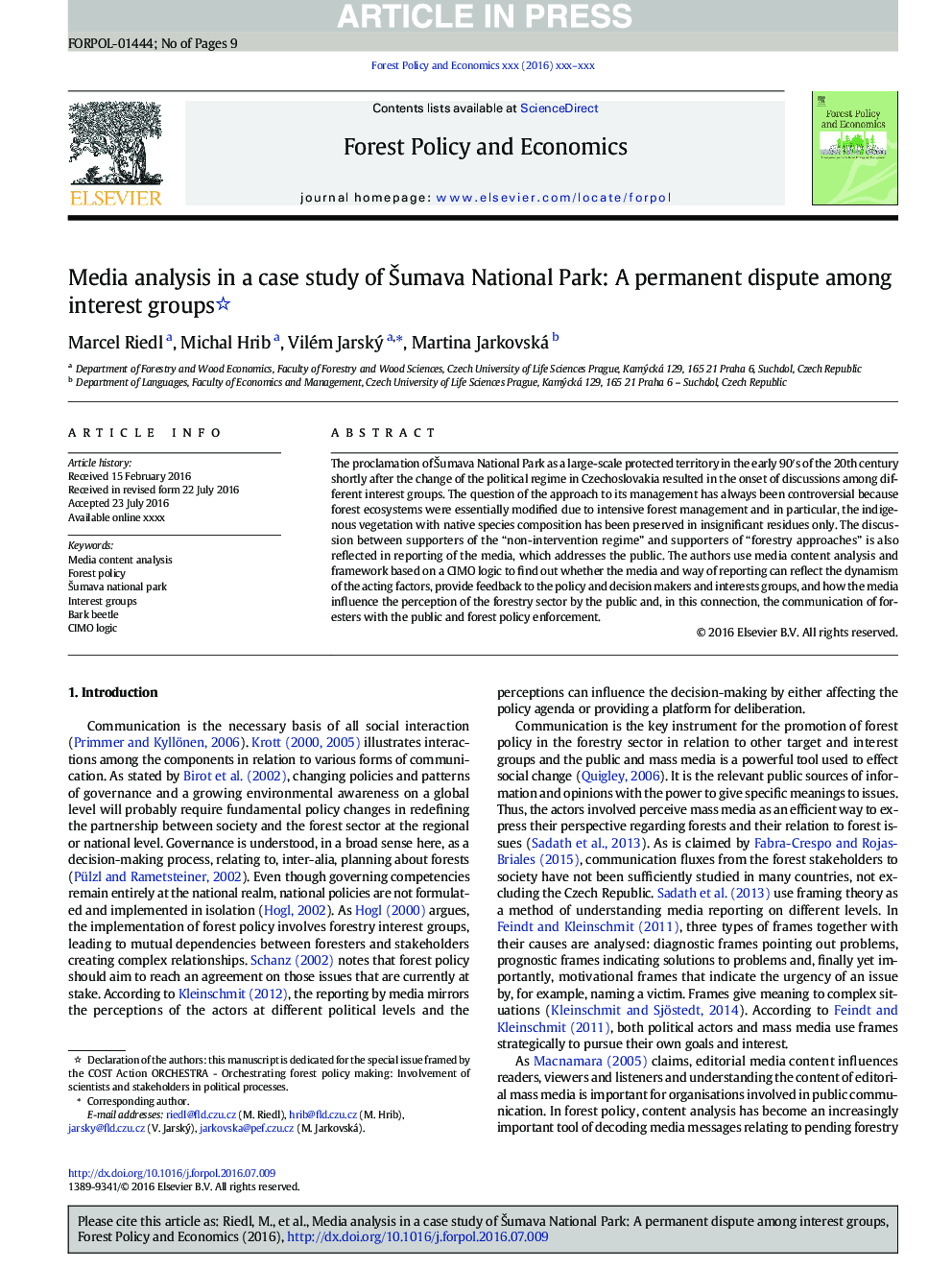 Media analysis in a case study of Å umava National Park: A permanent dispute among interest groups