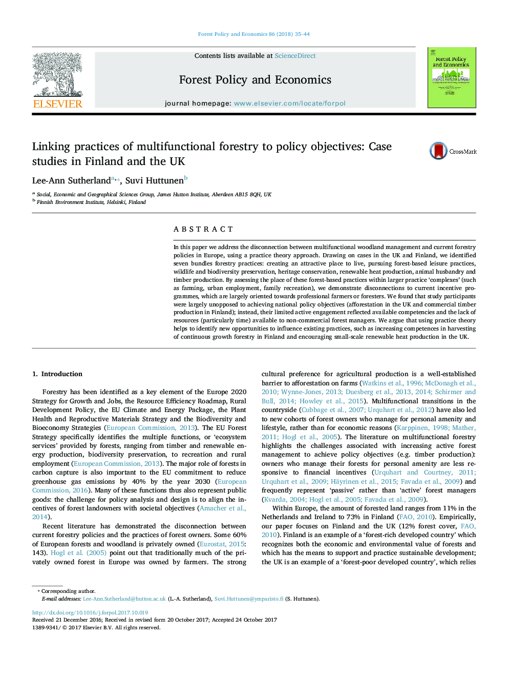 Linking practices of multifunctional forestry to policy objectives: Case studies in Finland and the UK