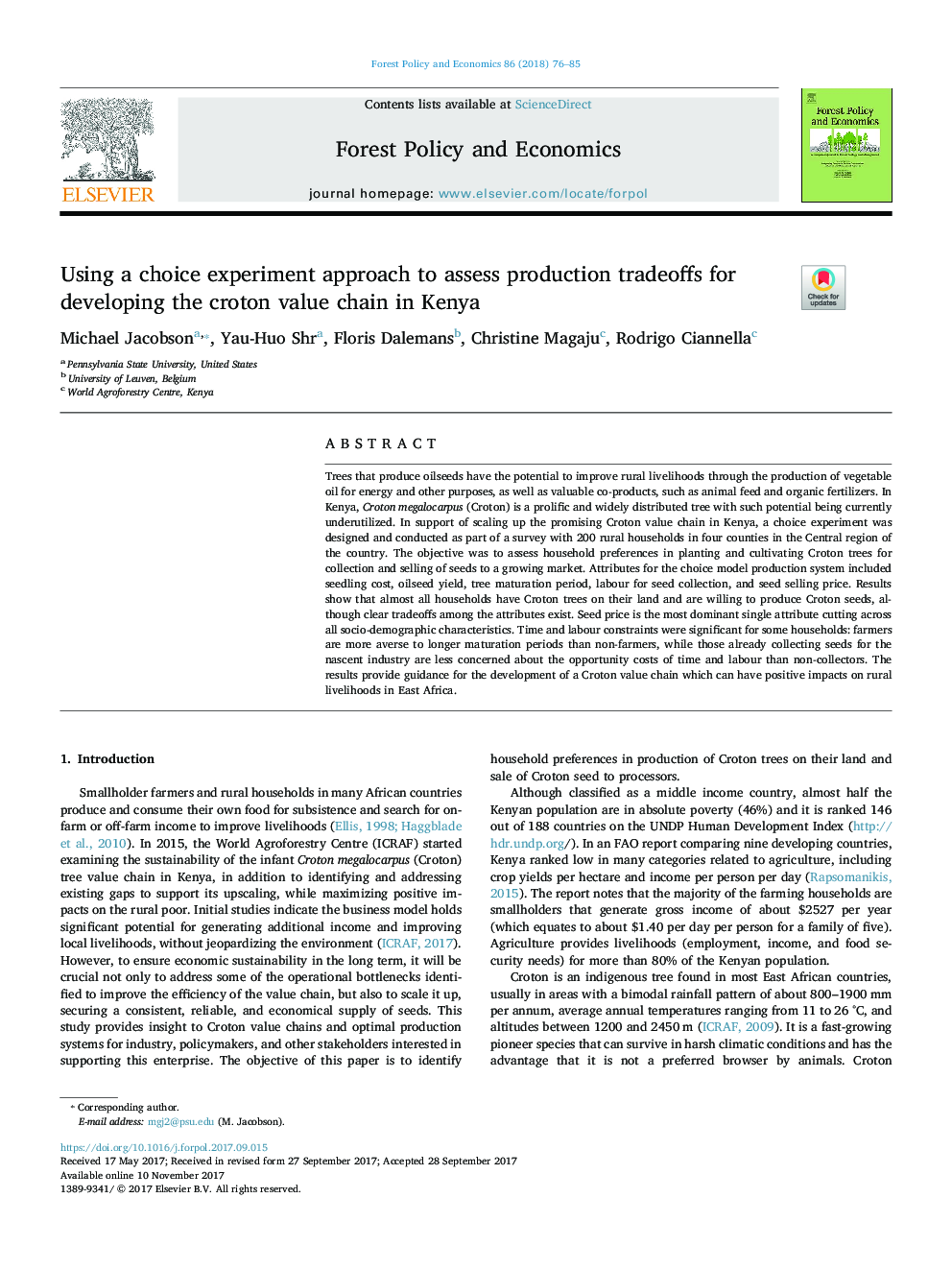 Using a choice experiment approach to assess production tradeoffs for developing the croton value chain in Kenya